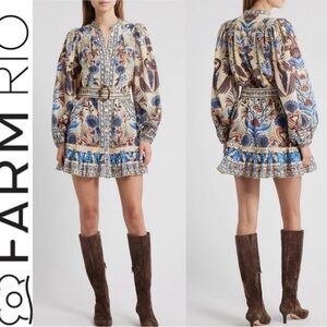 NEW Farm Rio Nature Land Long Sleeve Mini Dress in Sand Size M